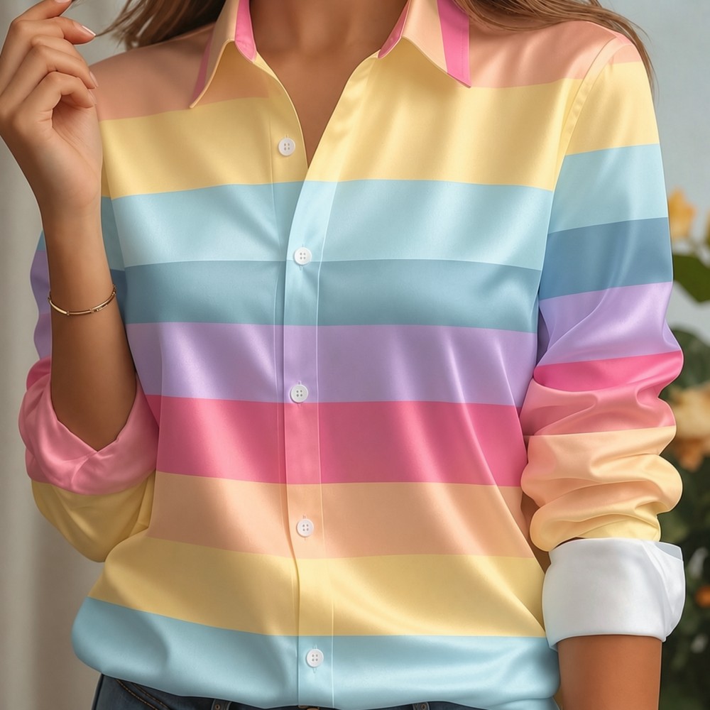 Women Top Fashion - Women Satin Lapel Collar Shirt Pastel