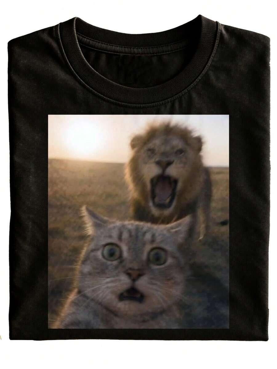 Women Fashion Fun - Fun Cat And Lion T-Shirt, Black
