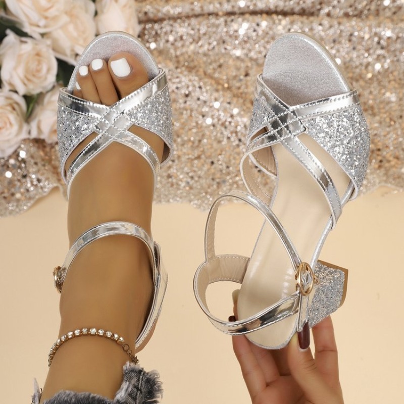 Spaghetti Strap Dress - Women Block Heels Sandals Gold Sparkly