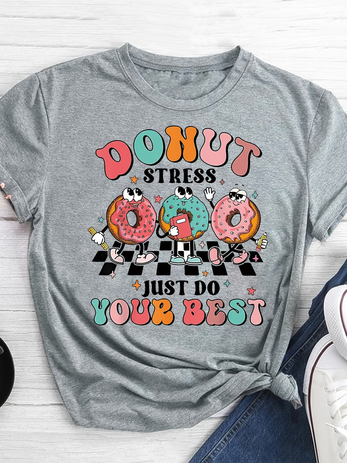 Women'S Fashion Trends Summer 2025 - Cartoon Donut Print T-shirt, Short Sleeve
