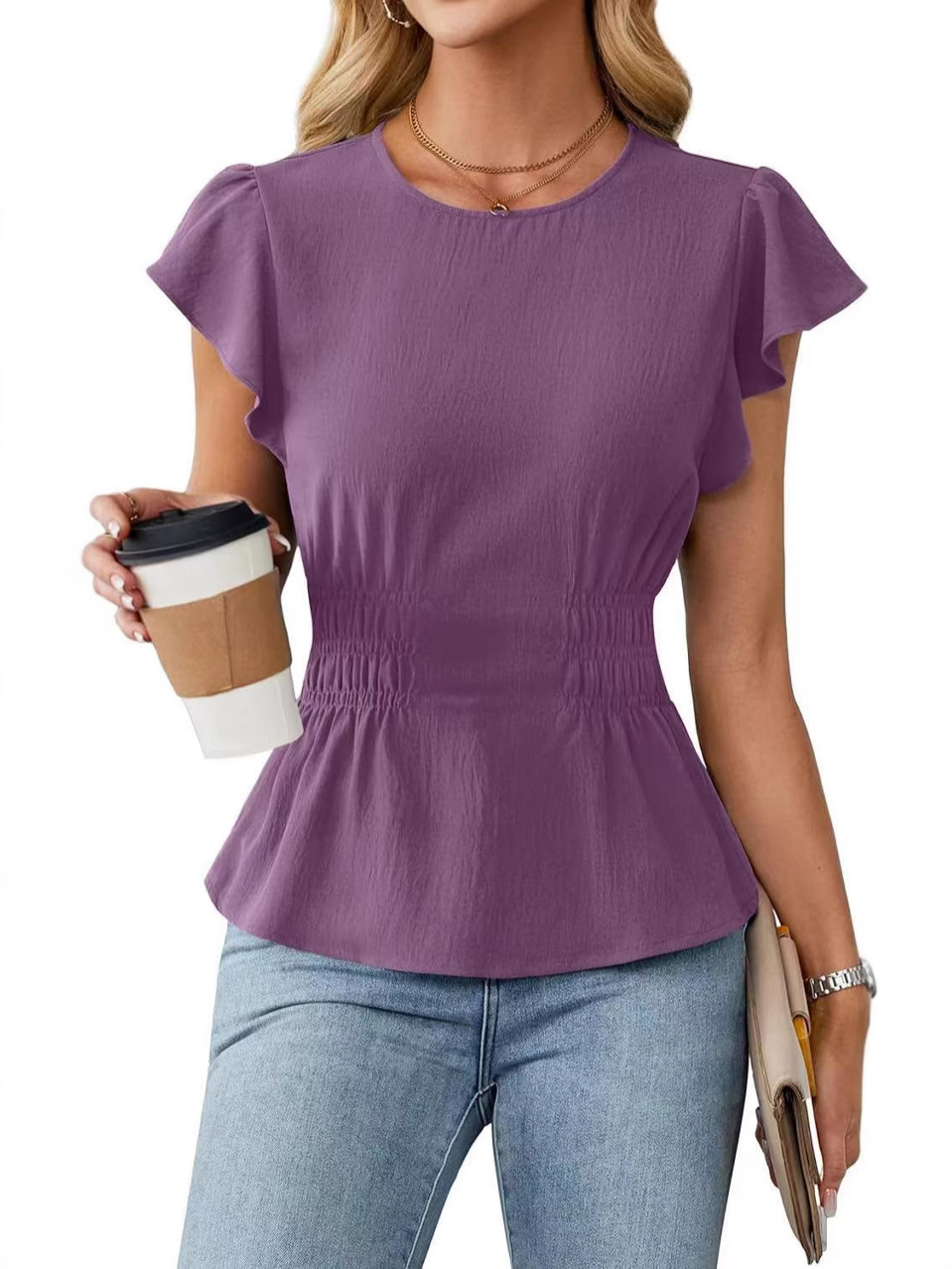 Women Top Fashion - Women Ruffle Short Sleeve Blouse Round