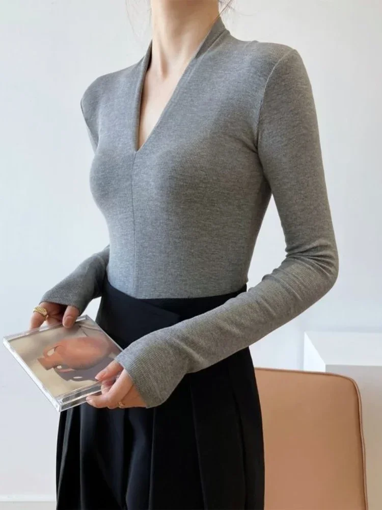 V-neck Slim Shirts Long Sleeve - Women Top Fashion 评论和价格