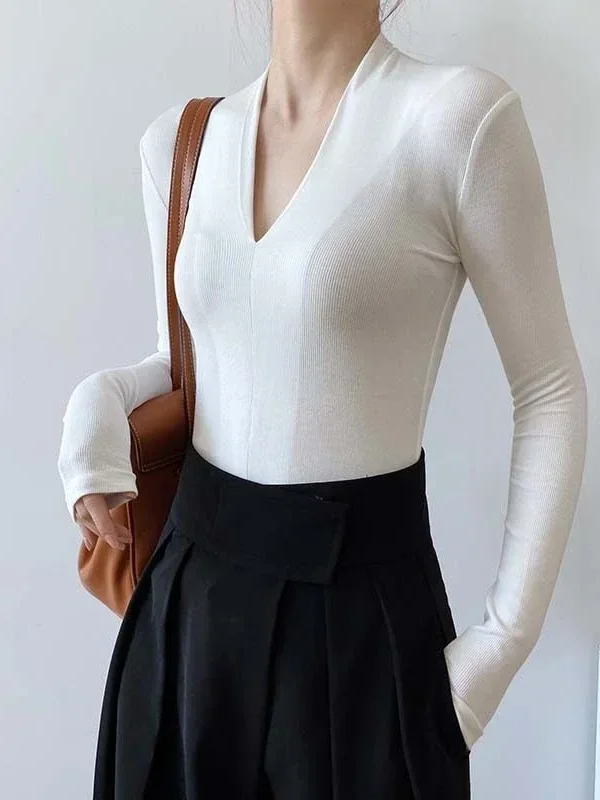 V-neck Slim Shirts Long Sleeve - Women Top Fashion 评论和价格