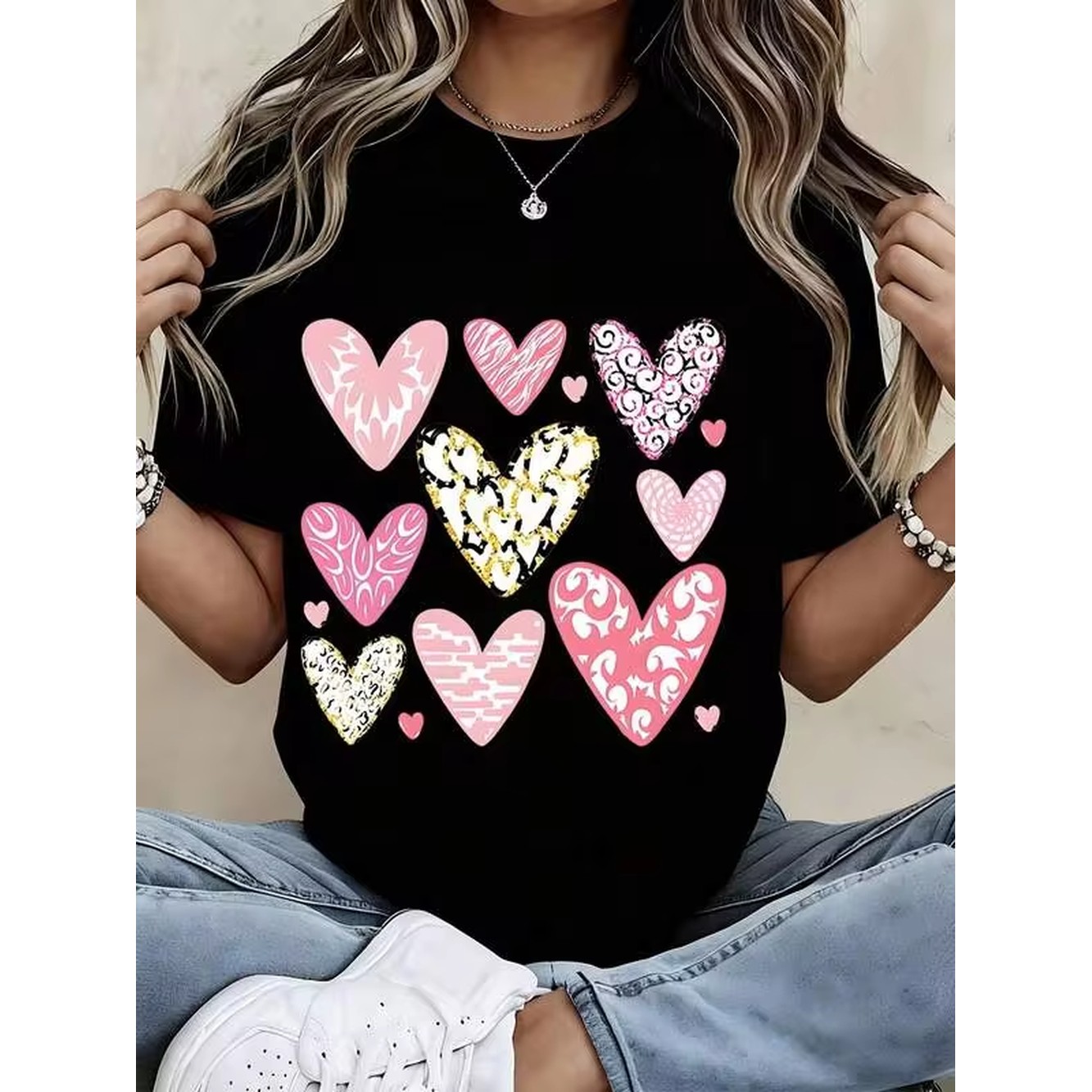 Women Black T Shirt Valentine  - Women'S Fashion Graphic Tees 评论和价格