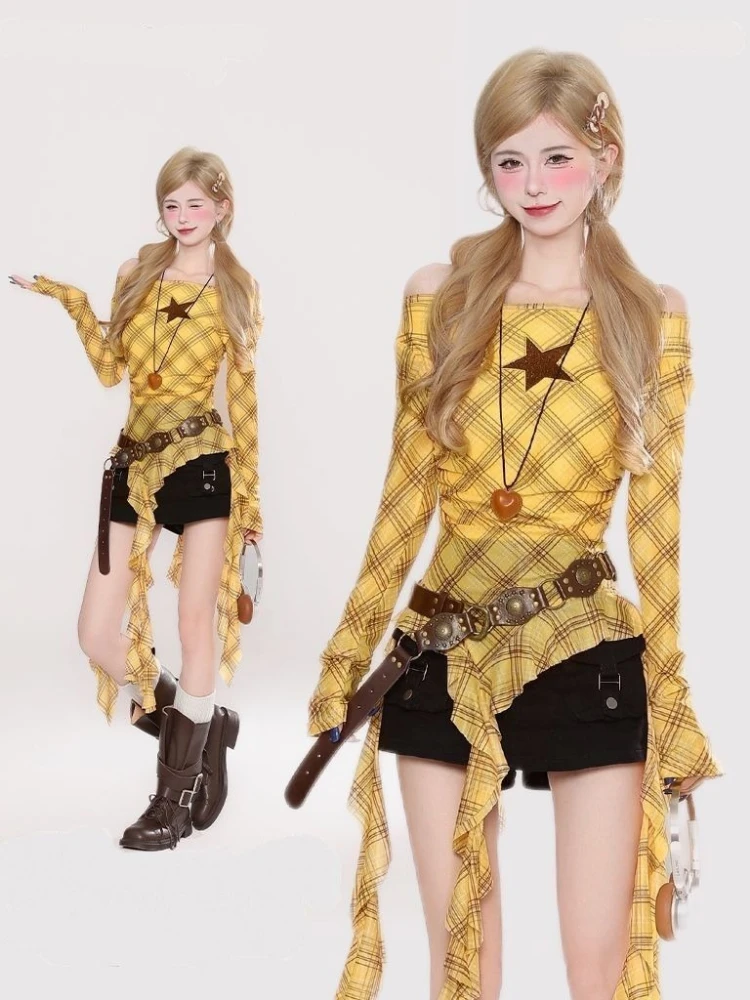 Y2K Plaid Slash Neck Vintage T - Women Top Fashion 评论和价格