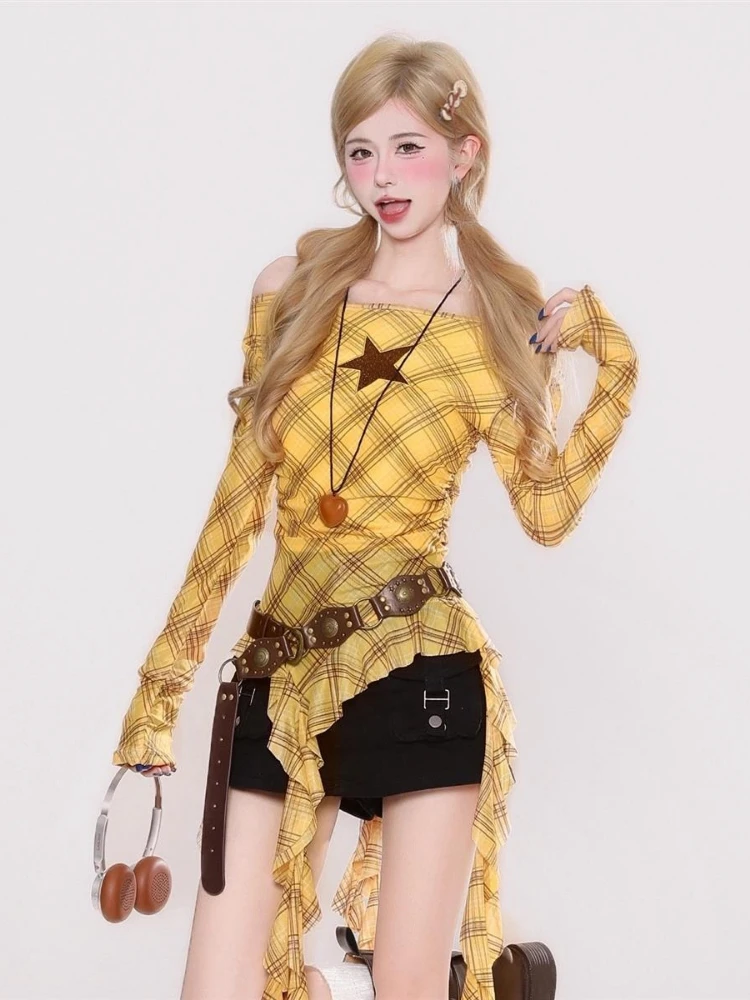 Y2K Plaid Slash Neck Vintage T - Women Top Fashion 评论和价格