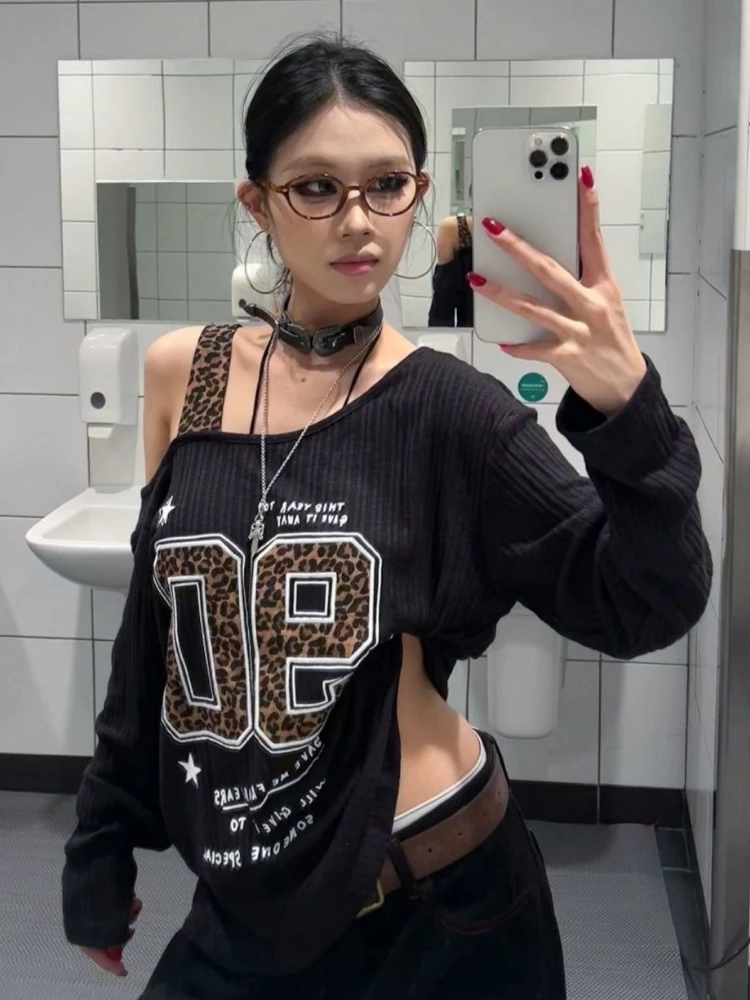 Y2K Patchwork Leopard Print T- - Women Top Fashion 评论和价格