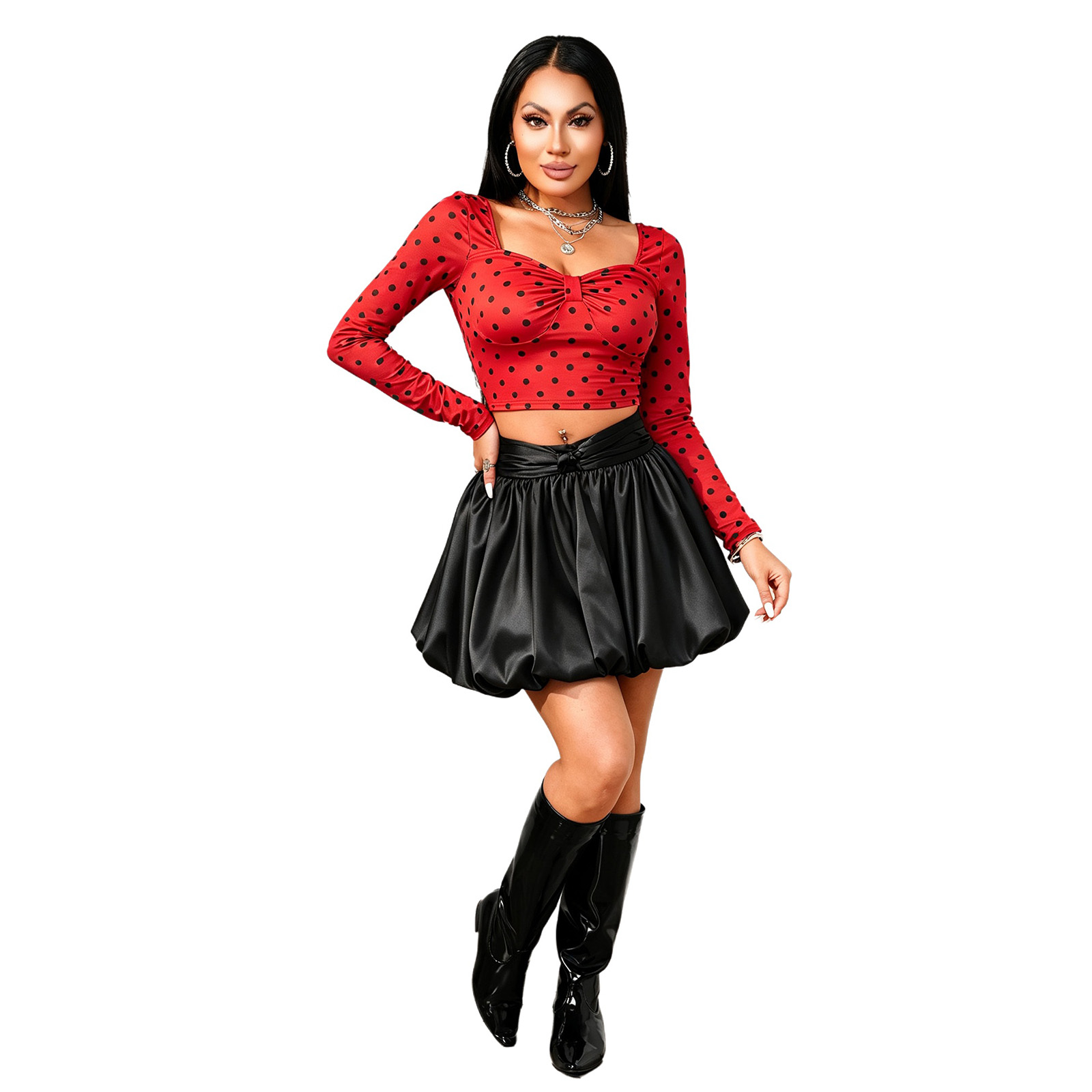 Womens Long Sleeve Polka Dot C - Women Top Fashion 评论和价格