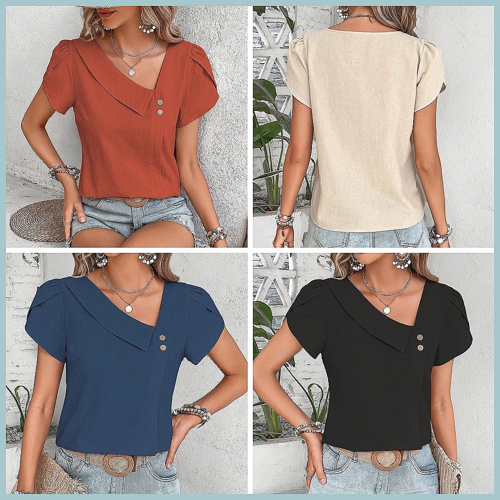 2024 Summer Vintage Solid Colo - Women Top Fashion 评论和价格